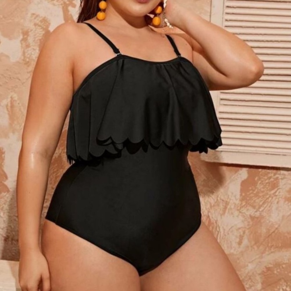 Flounce One Piece Black Swimsuit 0XL